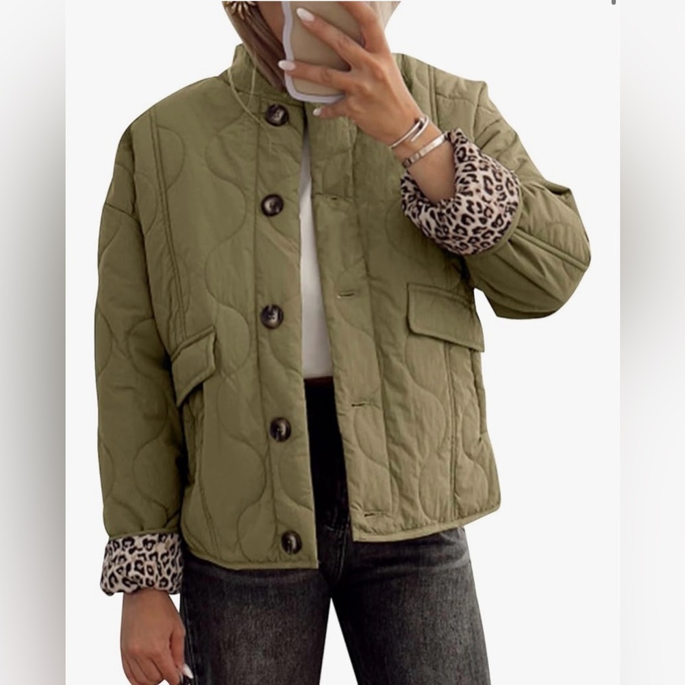 New Olive Green Quilted Lightweight Jacket Leopard Lined Bomber Coat